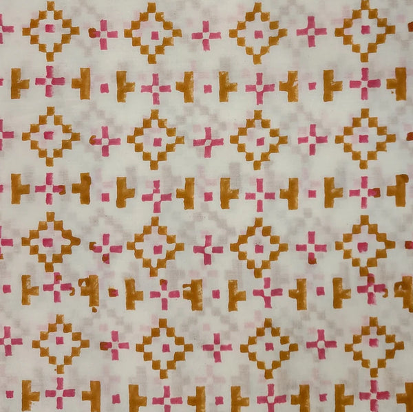 ( PRE-CUT 1 METER ) Pure Cotton Jaipuri White With Brown And Pink Plus And Intricate Design Hand Block Print Fabric