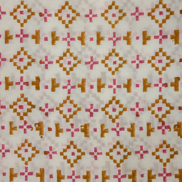 ( Pre-Cut 1.55 Meter )Pure Cotton Jaipuri White With Brown And Pink Plus And Intricate Design Hand Block Print Fabric