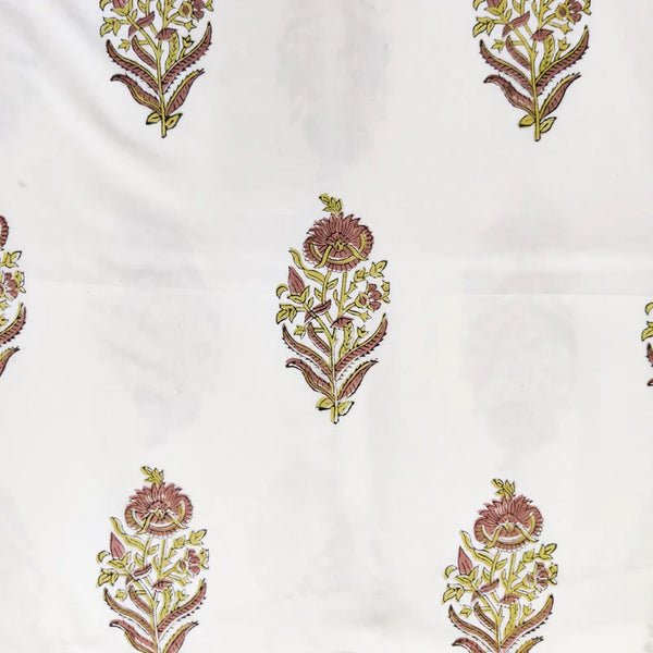 Pre-Cut 2 Meter Pure Cotton Jaipuri White With Brown  Flowers Motifs Hand Block Print Fabric