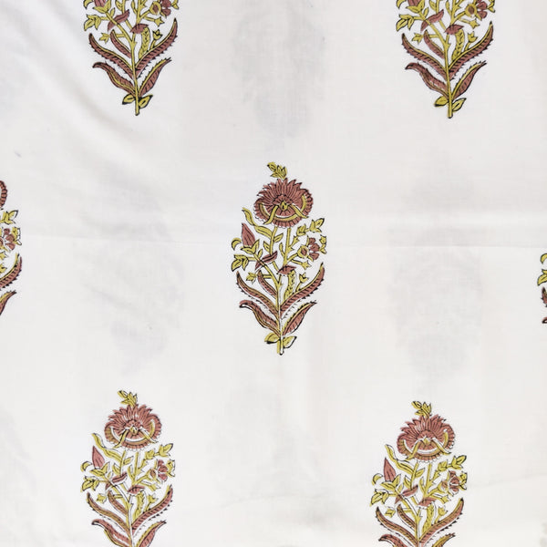 Pre Cut (1.30 Meter) Pure Cotton Jaipuri White With Brown  Flowers Motifs Hand Block Print Fabric