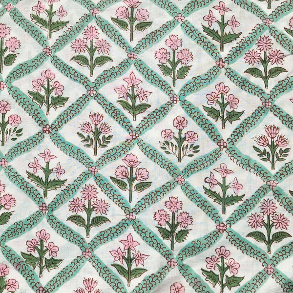 Pure Cotton Jaipuri White With Green And Intricate Pink Flower Design Hand Block Print Fabric