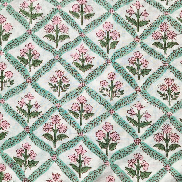 ( PRE-CUT 1.75 METER ) Pure Cotton Jaipuri White With Green And Intricate Pink Flower Design Hand Block Print Fabric