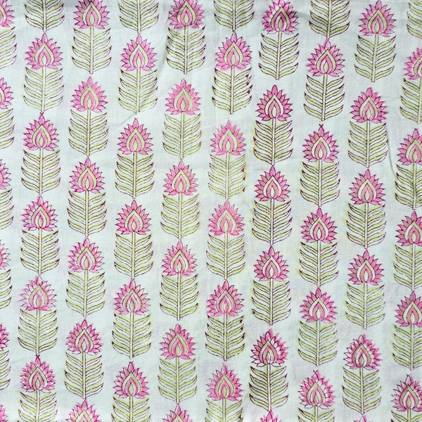 Pure Cotton Jaipuri White With Green And Pink Flower Motif Hand Block Print Fabric