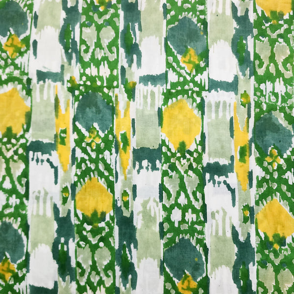 Pre-cut 1 .95 meter Pure Cotton Jaipuri White With Green And Yellow Border Hand Block Print Fabric