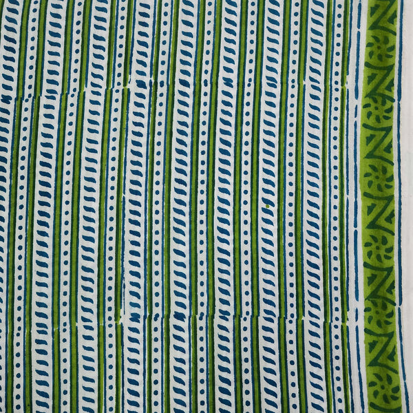 Pre-cut 1.60meter Pure Cotton Jaipuri White With Green  Border Stripes Hand Block Print Fabric