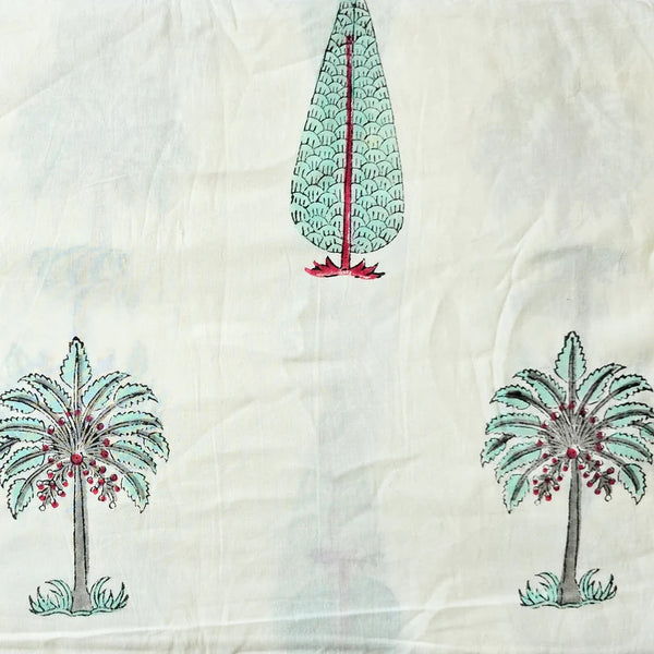 Pre-Cut 1.5 Meter Pure Cotton Jaipuri White With  Green Coconut Tree And Cypress Tree Big Motif Hand Block Print Fabric