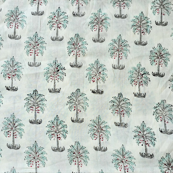 Pure Cotton Jaipuri White With Green Coconut Tree Motif Hand Block Print Fabric