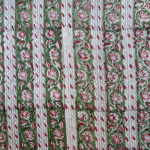 Pre Cut (0.90 Meter) Pure Cotton Jaipuri White With Green Jaal Border Hand Block Print Fabric