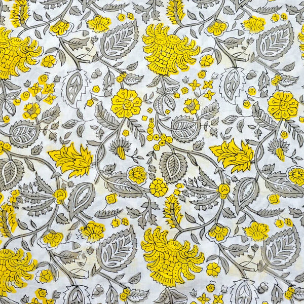 ( PRE-CUT 1 METER ) Pure Cotton Jaipuri White With Grey And Yellow Flower Jaal Hand Block Print Fabric