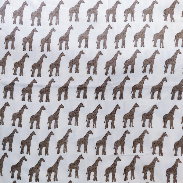 Pre Cut (0.80 Meter) Pure Cotton Jaipuri White With Grey Brown Giraffe Hand Block Print Fabric