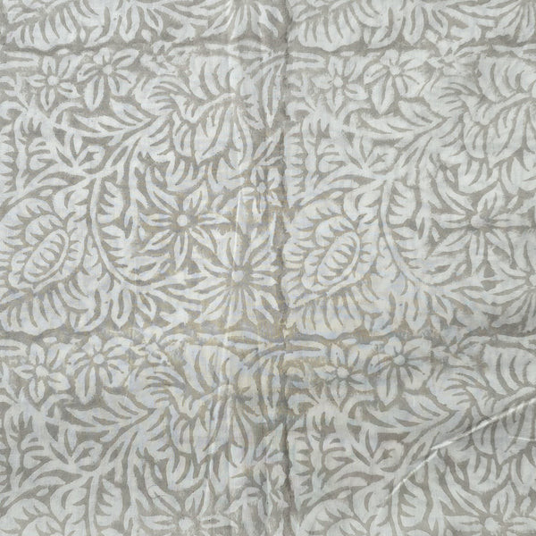 (Pre-Cut 1.95 Meter) Pure Cotton Jaipuri White With Grey Flower Jaal Hand Block Print Fabric