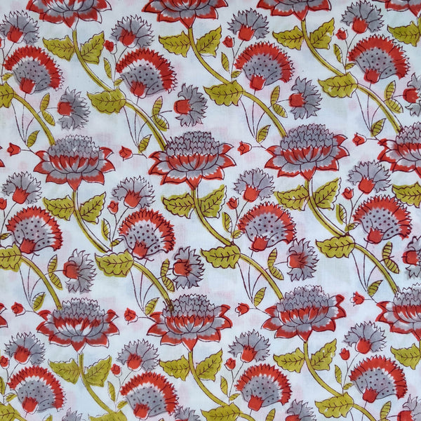 ( Pre-Cut 1.80 Meter ) Pure Cotton Jaipuri White With Grey Red Floral Jaal Hand Block Print Fabric