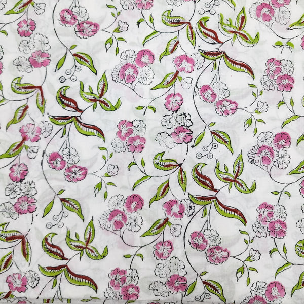 ( Pre-Cut 2 Meter ) Pure Cotton Jaipuri White With Light Pink And White Small Flowers Jaal Hand Block Print Fabric