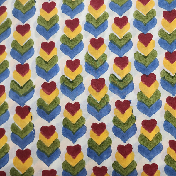 PER-CUT 1.65 METER Pure Cotton Jaipuri White With Maroon Yellow Green Blue Hearts Hand Block Print Fabric