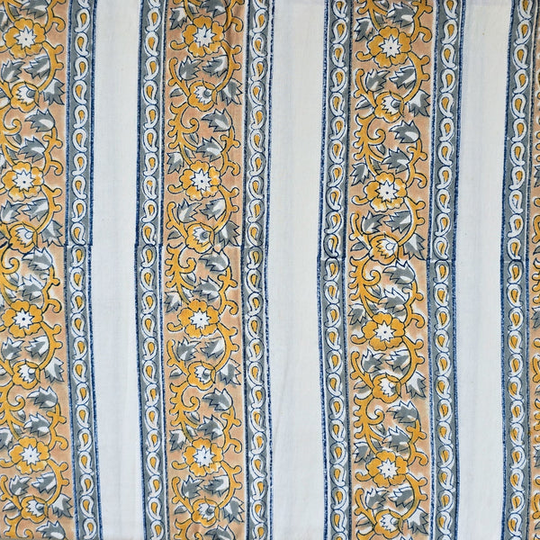 Pure Cotton Jaipuri White With Mustard Creeper Border Hand Block Print Fabric