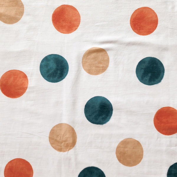 Pure Cotton Jaipuri White With Orange And Dark Green Circles Hand Block Print Fabric