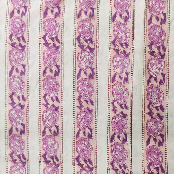 Pre Cut (1.15 Meter) Pure Cotton Jaipuri White With Pastel Peach Lavender Border Stripes Hand Block Print Fabric