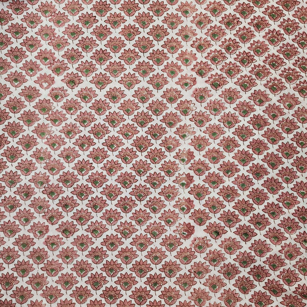 Pre Cut ( 2 Meter )Pure Cotton Jaipuri White With Peach Flower Hand Woven Fabric