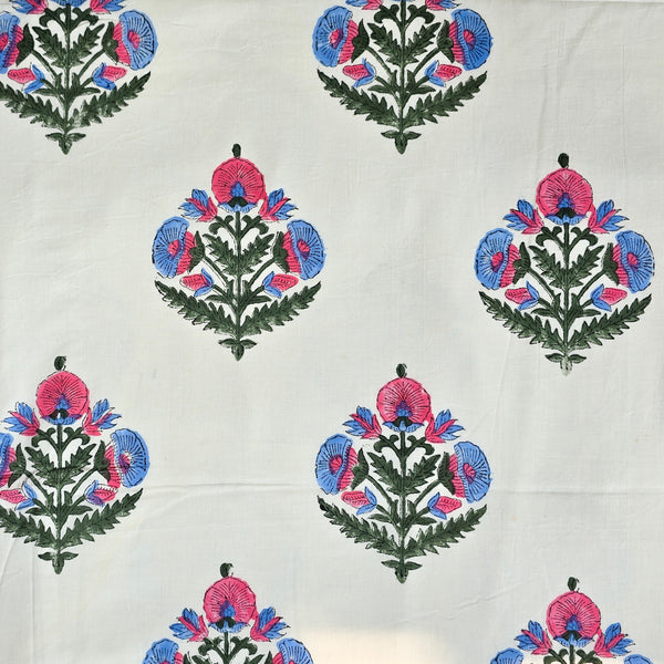 Pure Cotton Jaipuri White With Pink And Blue Big Flower Motif Hand Block Print Fabric