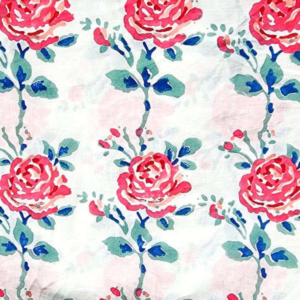 Pure Cotton Jaipuri White With  Pink And Blue Rose Flower Jaal Hand Block Print Fabric