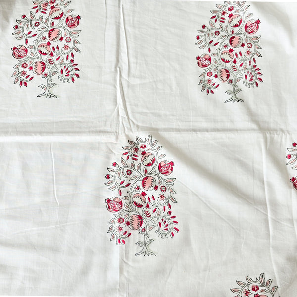 Pure Cotton Jaipuri White With Pink Big Flower Plant Hand Block Print Fabric