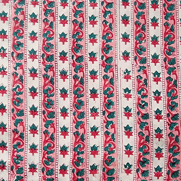 Pure Cotton Jaipuri White With Pink Border And Flower Hand Block Print Fabric