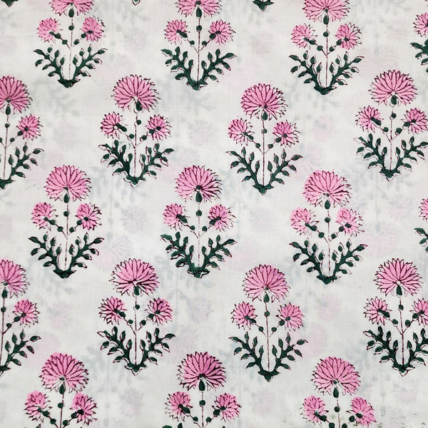 Pure Cotton Jaipuri White With Pink Dahlia Flower Motifs Hand Block Print Fabric