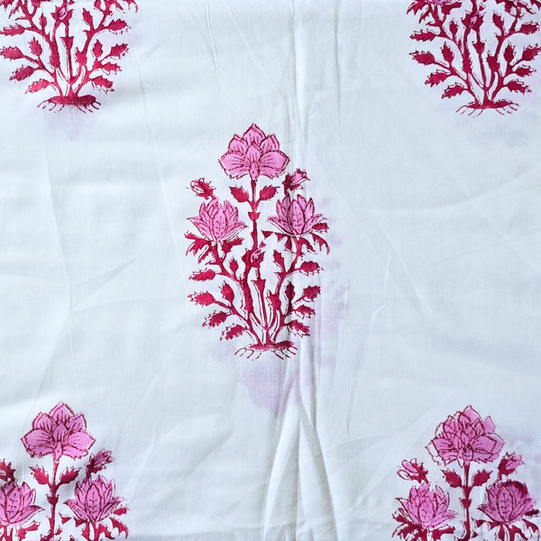 Pure Cotton Jaipuri White With Pink Flower Big Motif Hand Block Print Fabric