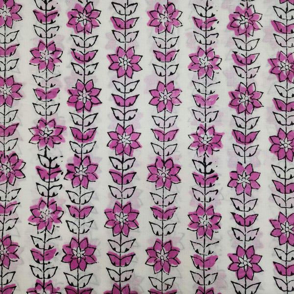 Pre-cut 1.40 meter Pure Cotton Jaipuri White With Tiny Leafy Border Stripes Hand Block Print Fabric