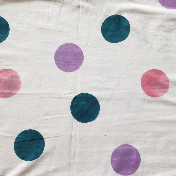 Pure Cotton Jaipuri White With Pink Purple And Teal Green Circles Hand Block Print Fabric