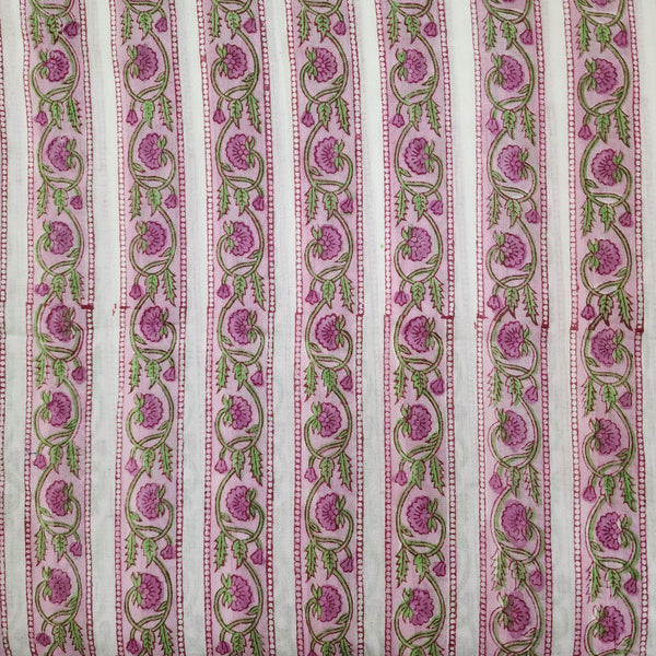 ( Pre-Cut 2.25 Meter ) Pure Cotton Jaipuri White With Pink Purple Green Floral Border Jaal Hand Block Print Fabric