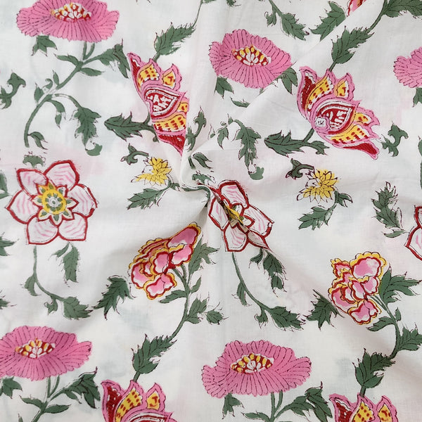 ( Pre-Cut 1.75 Meter ) Pure Cotton Jaipuri White With Pink Rose Hand Block Print Fabric