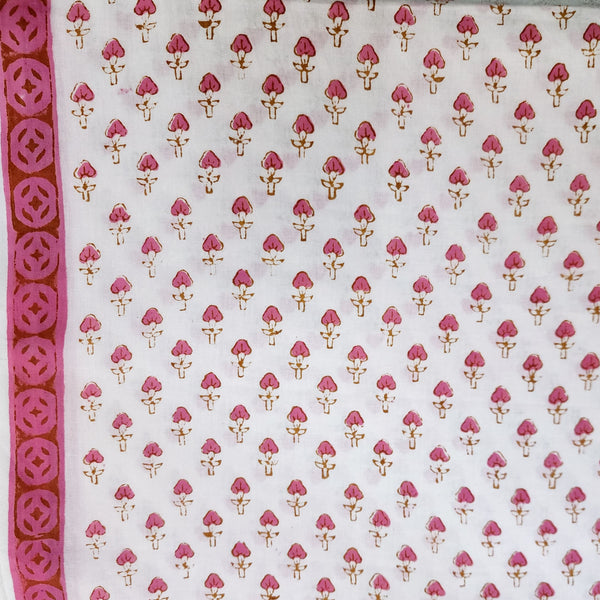 Pre Cut (0.80 Meter) Pure Cotton Jaipuri White With Pink Tiny Flower Buds Motifs Hand Block Print Fabric