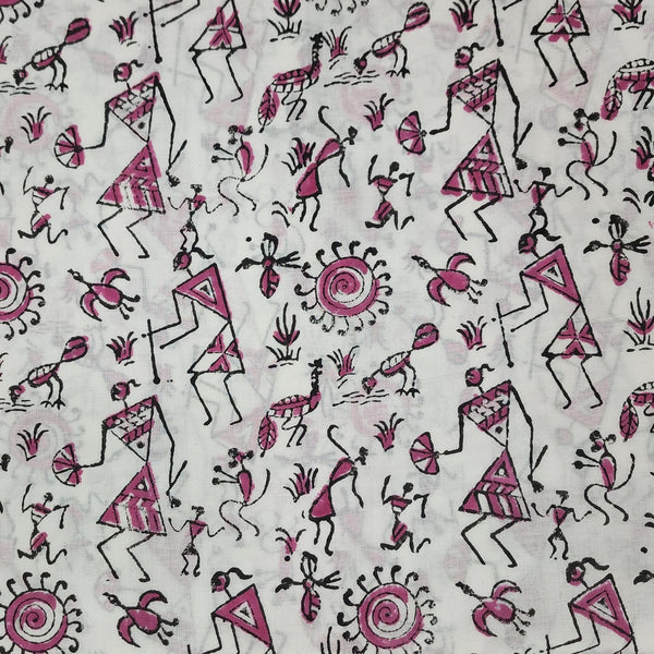 ( Pre-Cut 0.80 Meter ) Pure Cotton Jaipuri White With Pink Warli  Hand Block Print Fabric