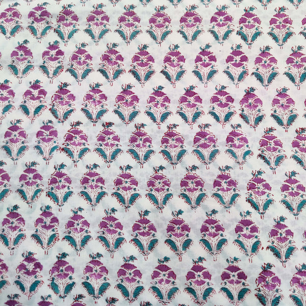 Pre Cut (0.85 Meter) Pure Cotton Jaipuri White With Purple And Teal Floral Motifs Hand Block Print Fabric