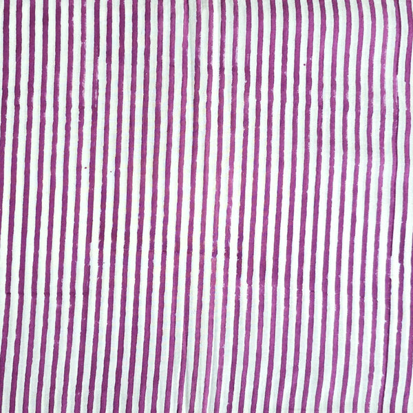 ( PRE-CUT 2 METER ) Pure Cotton Jaipuri White With Purple Stripes Hand Block Print Fabric