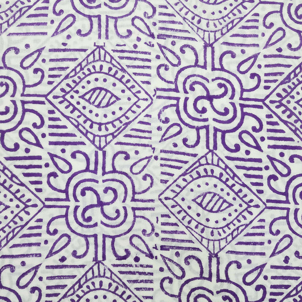 Pre Cut (1.30 Meter) Pure Cotton Jaipuri White With Purple Tribal Hand Block Print Fabric