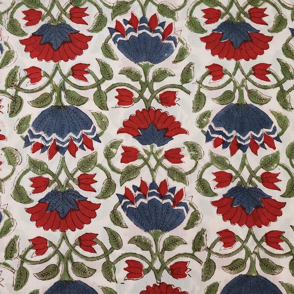 Pure Cotton Jaipuri White With Red And Blue Floral Stripes Hand Block Print Fabric