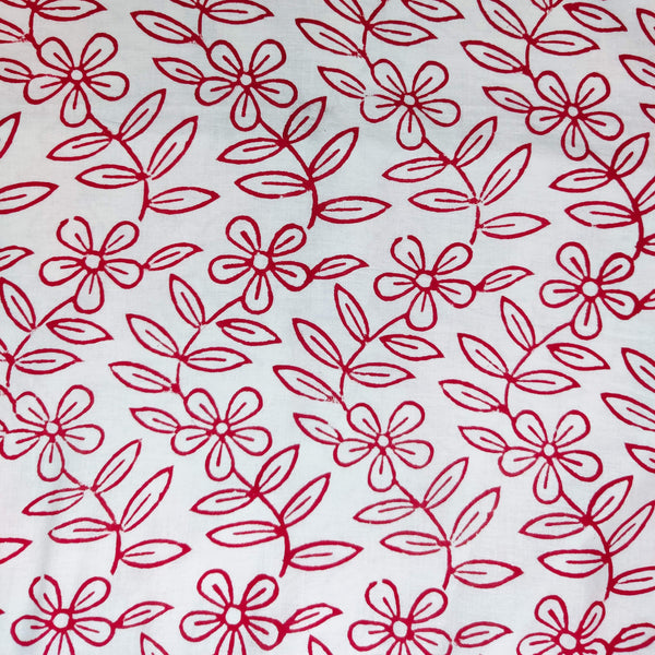 Pre Cut (0.80 Meter) Pure Cotton Jaipuri White With Red Floral Jaal Hand Block Print Fabric