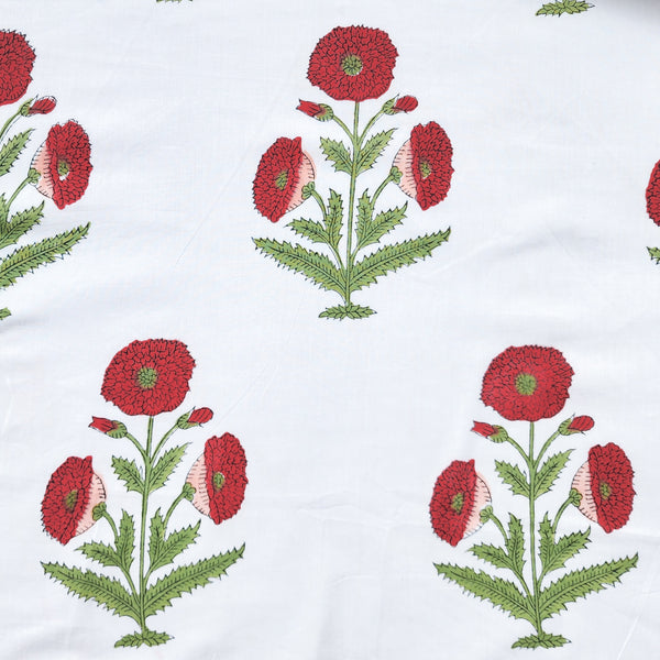 Pure Cotton Jaipuri White With Red Marigold Big Motif Plant Hand BlocK Print Fabric