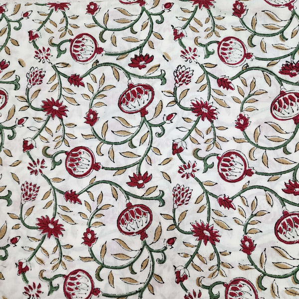 ( Pre-Cut 1.90 Meter ) Pure Cotton Jaipuri White With Rust Pomogranate Jaal Hand Block Print Fabric