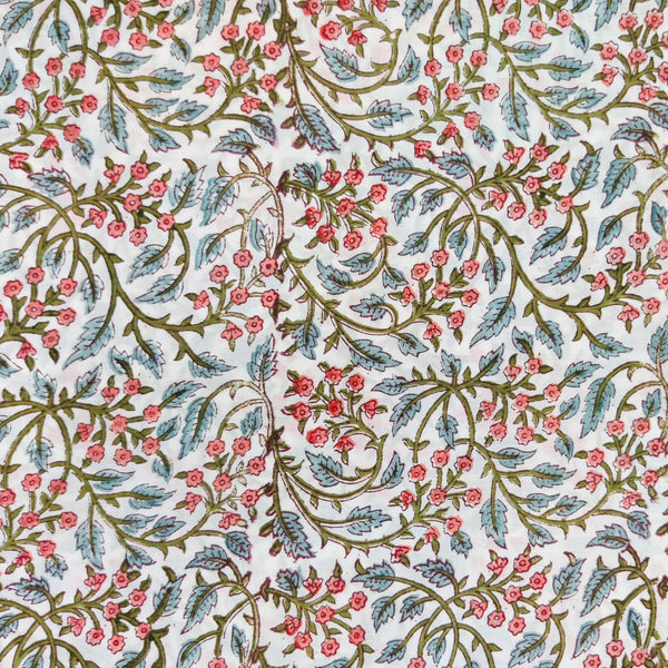 ( Pre-Cut 2 Meter ) Pure Cotton Jaipuri White With Tiny Orange Flowers Jaal Hand Block Print Fabric