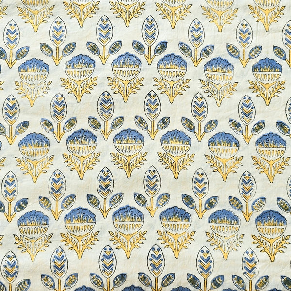 Pure Cotton Jaipuri White With Yellow And Blue Flower Buds  Hand Block Print Fabric