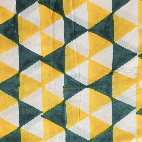 Pure Cotton Jaipuri White With Yellow And Green Triangles Hand Block Print Fabric