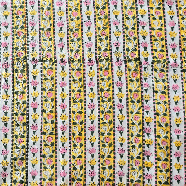 Pure Cotton Jaipuri White With Yellow And Pink Border Hand Block Print Fabric