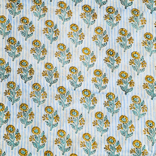 Pure Cotton Jaipuri White With Yellow Flower Plant Motif Hand Block Print Fabric