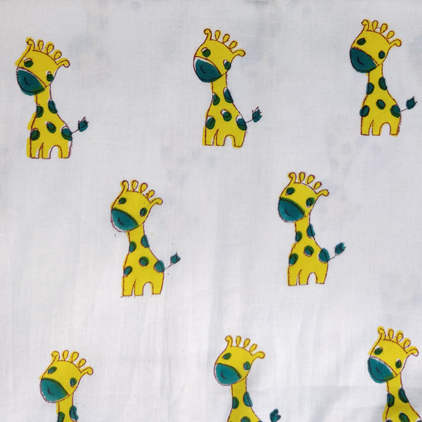 ( Pre-Cut 2 Meter ) Pure Cotton Jaipuri White With Yellow Giraffe Hand Block Print Fabric