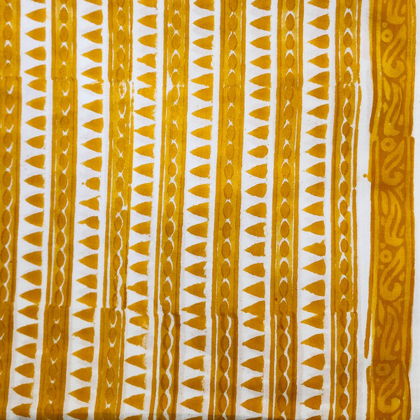 Pre Cut (1 Meter) Pure Cotton Jaipuri White With Yellow  Border  Hand Block Print Fabric