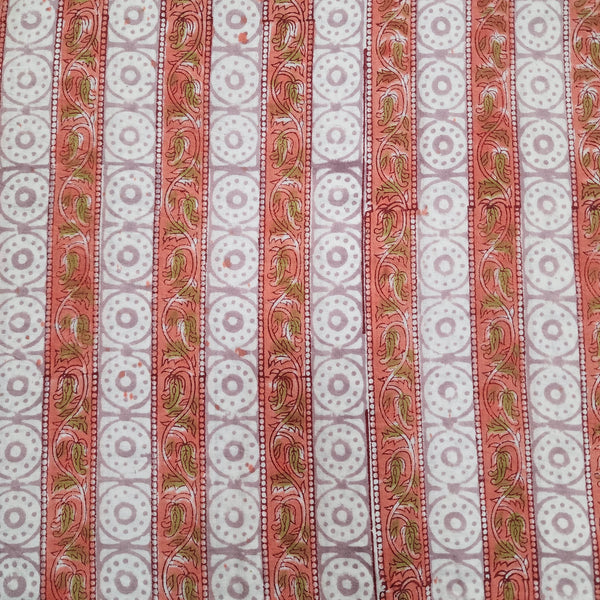 Pre Cut (1.45 Meter) Pure Cotton Jaipuri With Orange Jaal And Circlular Alternate Border Hand Block Print Fabric