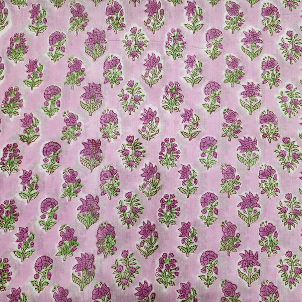 ( Pre-Cut 1. 50 Meter ) Pure Cotton Jaipuri With Pink Green Multi Flowers Hand Block Print Fabric